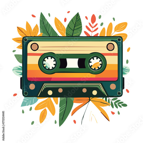 Retro audio cassette tape, nostalgic music recording device with autumn leaves and dots illustration