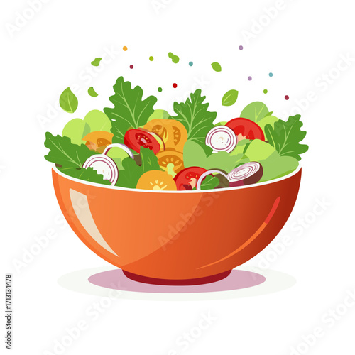 Fresh salad with tomato, onion, and greens in orange bowl, healthy meal concept.