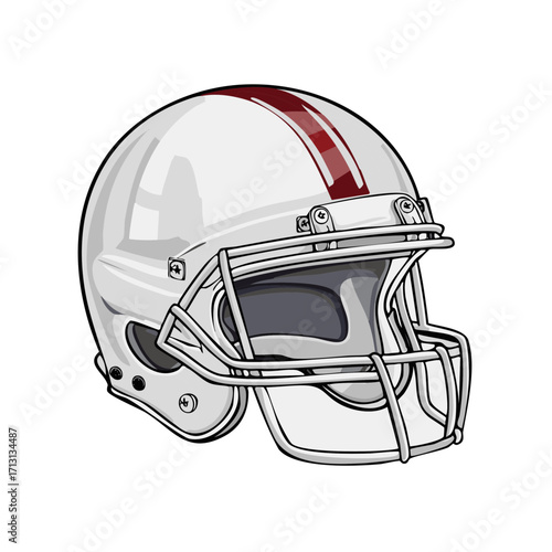 White American football helmet with a red stripe. Vector illustration of sports headgear.