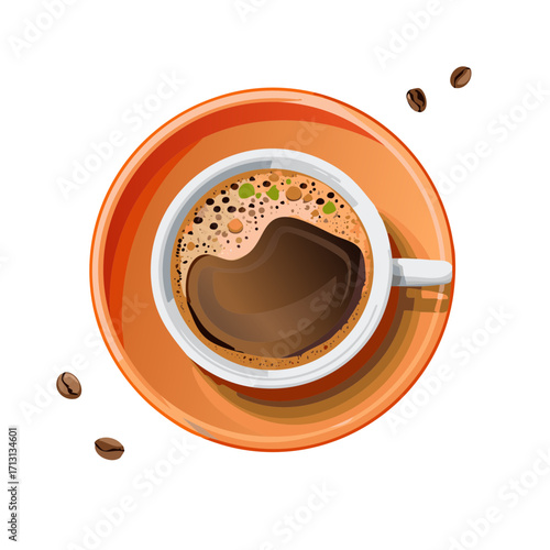 Top View of an Orange Cup of Coffee with Beans on a White Background