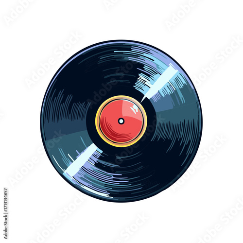 Illustration of Black Vinyl Record with Red Label for Music Playback