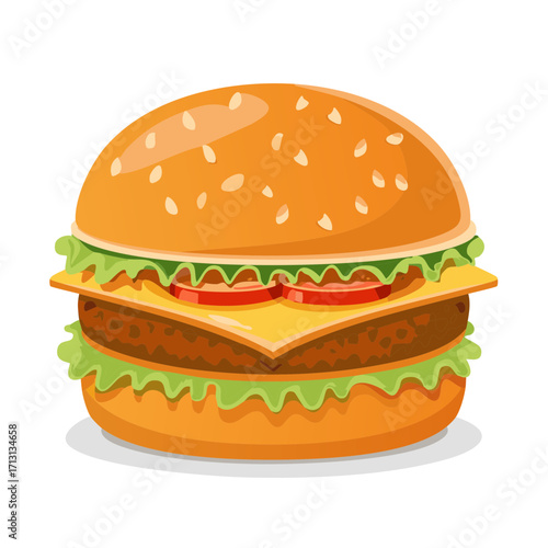 Delicious illustration of a hamburger with cheese, lettuce, tomato, and sesame seeds