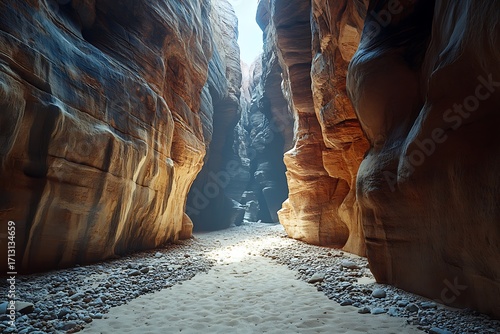 A narrow canyon with towering rock walls and a sandy floor illuminated by sunlight.