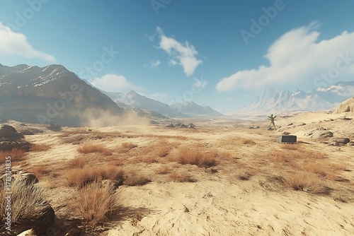 A vast desert landscape with mountains, sparse vegetation, and a clear blue sky.