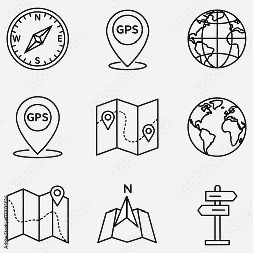 Navigational Icons Compass, GPS, Maps, and Directional Signs