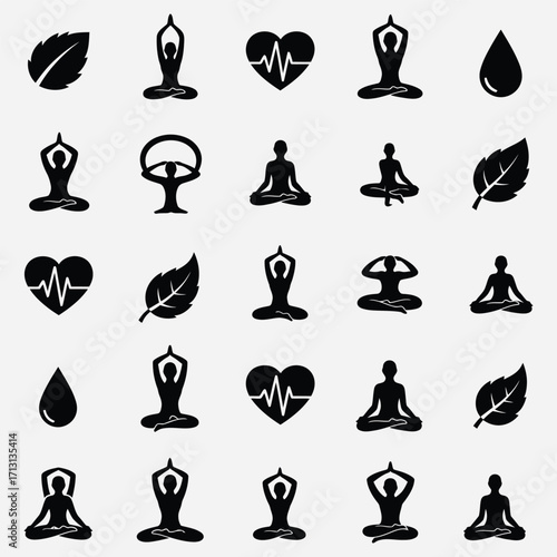 Yoga poses and symbols of health and nature icons on a gray background