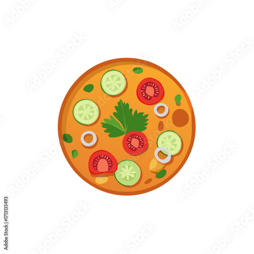 Flat lay illustration of a pizza with fresh tomatoes, cucumbers, onion, and parsley.