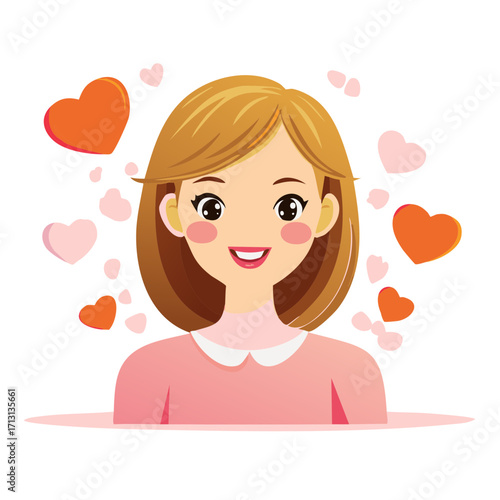 Joyful woman with brown hair surrounded by floating hearts expressing love and happiness