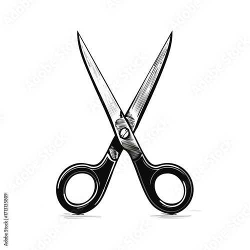 Stylized Black Handheld Scissors with Crossed Blades and Circular Finger Grips Classic Illustration