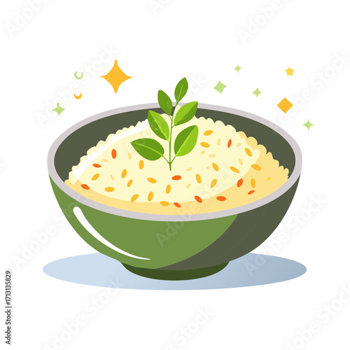 Delicious rice dish garnished with leaves served in a green bowl colorful illustration