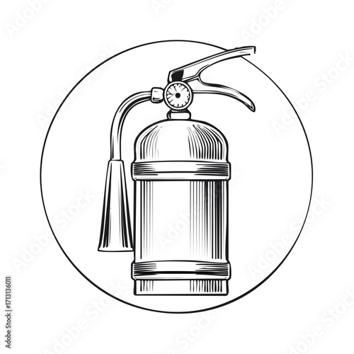 Graphic illustration of a vintage fire extinguisher in a circular frame safety equipment emergency response