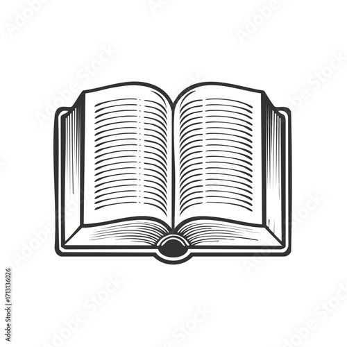 Open book illustration in black and white for educational or literary projects
