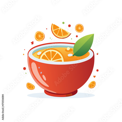 Refreshing orange citrus fruit soup or punch in a red bowl with fresh slices and a leaf illustration