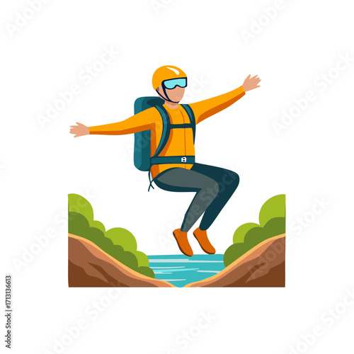 Person jumping into water with backpack and safety helmet, adventure sport