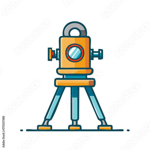 Colorful Cartoon Theodolite Surveying Instrument on Tripod Flat Vector Illustration