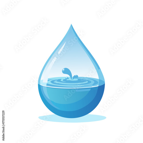 Crystal clear water droplet splash with ripples and smaller droplets