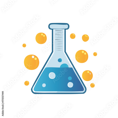 Cartoon illustration of a scientific laboratory flask with blue liquid and floating bubbles