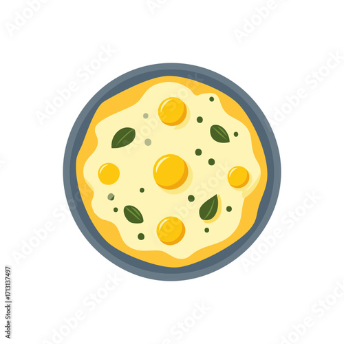 Delicious pizza baked with yellow cheese, herbs, and green leaves, served in a round pan, viewed from directly above.