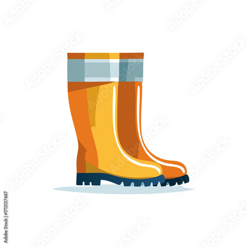 Colorful cartoon illustration of a pair of bright orange and yellow waterproof boots