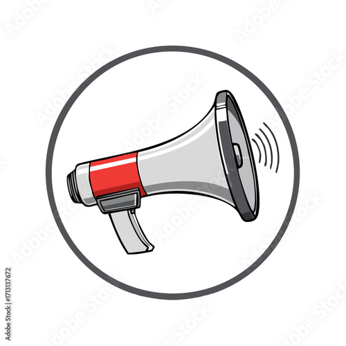 Loudspeaker Announcing within a Circle Frame, Red and Gray Megaphone Conveying Message for Promotions and Warnings