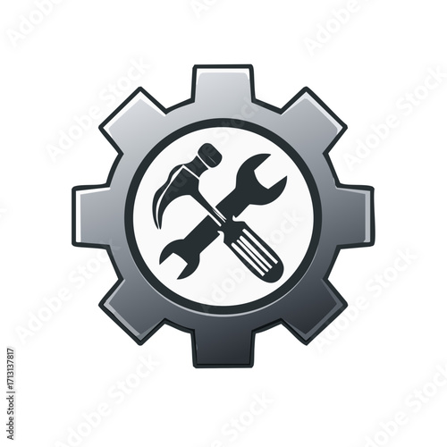 Gear with Tools Symbol: Hammer, Screwdriver and Wrench Icon for Repair and Maintenance