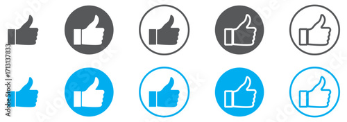 Thumbs up and thumb down, like and dislike icon set in black circle. Like and dislike icons buttons. Like and dislike icon on circle line. Flat design. Vector illustration.