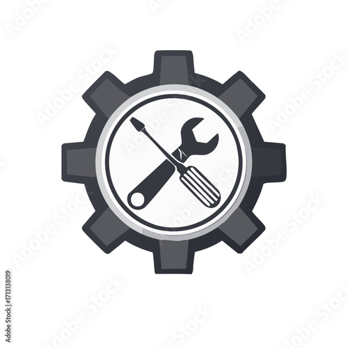 Gear with wrench and screwdriver tools inside a circle representing service and repair