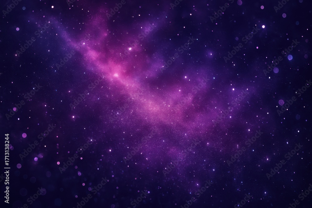 Obraz premium Shimmering starlight over magenta and violet nebula clouds with sparkling dust and bokeh dreamy abstract gradient background for presentations and web