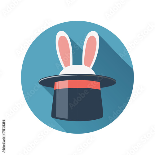 Rabbit in a magician top hat flat design icon for a magic show performance
