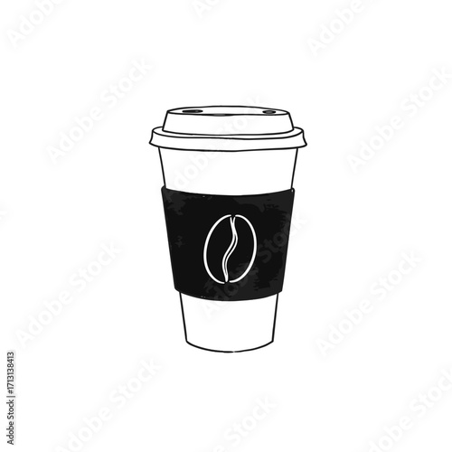Coffee cup with black sleeve featuring coffee bean logo  