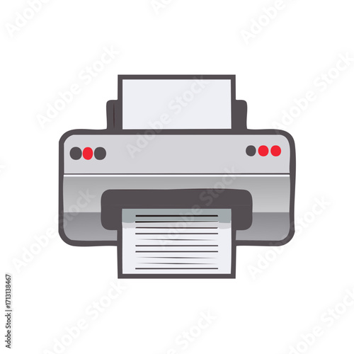 Simple graphic illustration of a modern office printer actively printing documents, flat design technology concept