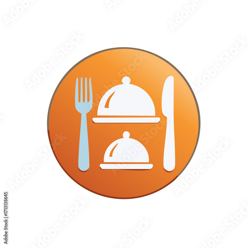 Restaurant or catering icon with fork, knife, cloche and platter.