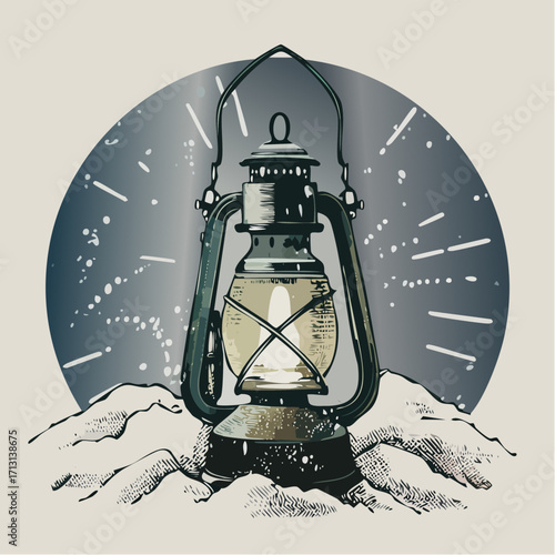 vintage lantern in snowdrifts graphite sketch with warm glow and watercolor accents