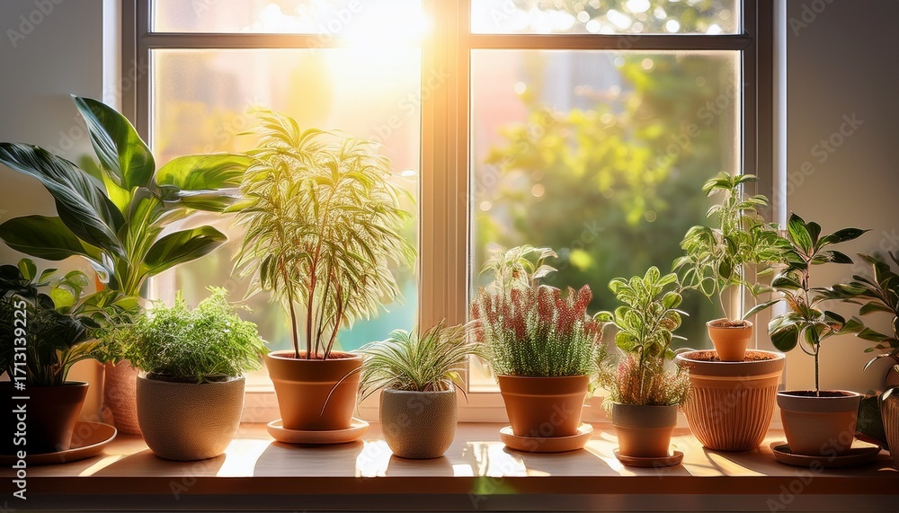 Fototapeta premium Variety Of Potted Plants Bask In Warm Sunlight On Windowsill Creating Serene And Inviting Atmosphere