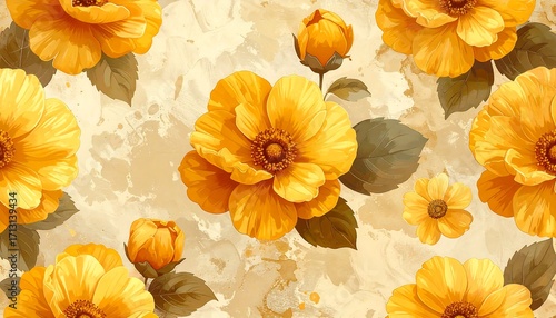 A vibrant floral pattern showcasing large, luminous yellow flowers against a textured, light beige background.
