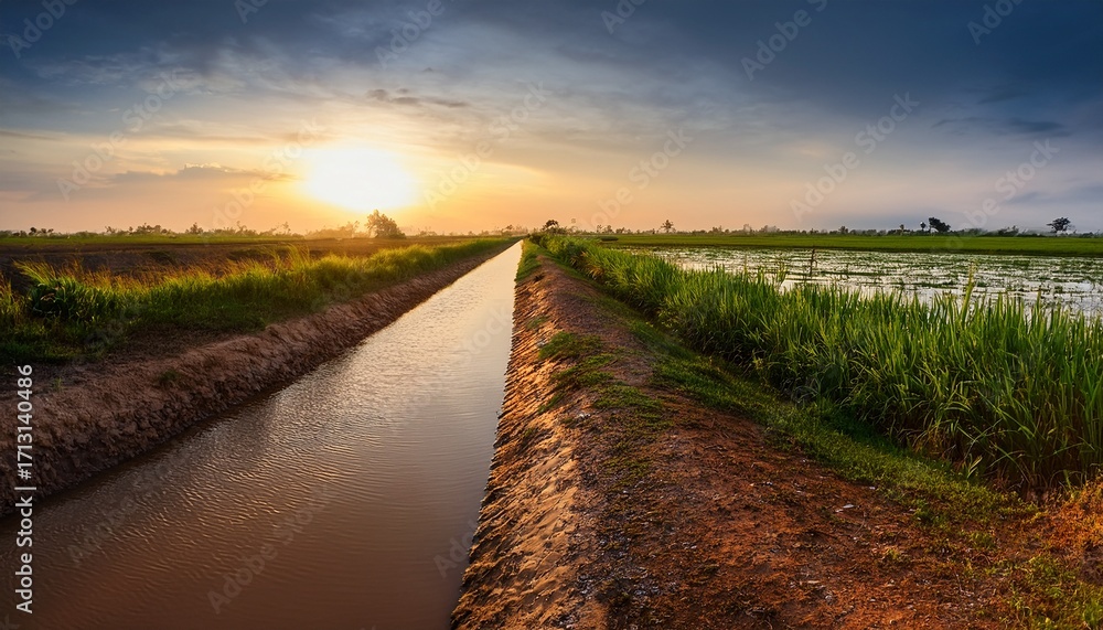 Fototapeta premium Small Muddy Irrigation Channel At Sunset High Resolution Picture