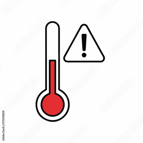 High temperature alert graphic with a thermometer and warning sign to communicate danger. High temperature in red indicates potential risks, so it's an essential health alert signal.