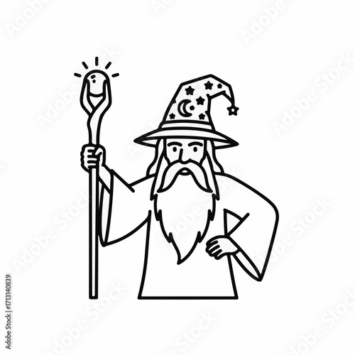 Wizard with staff illustration in line art, wizard illustration features a bearded man with wizard hat holding stick. Depiction is linear, featuring wizard with staff in simple form.