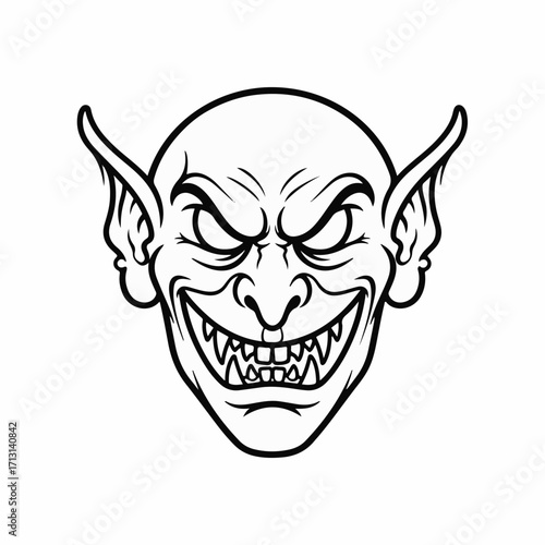 Cartoon goblin face with sinister expression. Scary cartoon goblin face features menacing eyes, sharp teeth, and pointed ears, embodying fantasy and folklore character design.