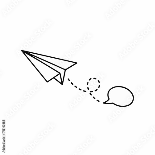 Paper airplane sending message on white backdrop. Sending message with simple paper airplane icon and message bubble design, ready for you to add your own text.