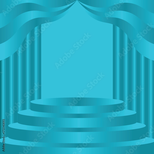 3D Blue Stage Podium with Curtains, Empty Mockup Background for Presentation or Product Display
