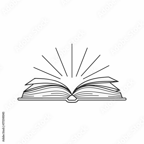 Open book illustration of study material with light rays coming from middle, icon of open book, flat illustration of study. Reading an open book offers knowledge.