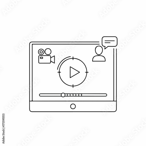 Tablet video icon features simple line drawing of media playing, camera recording, and chatting user, tablet video icon, conveying technology connection. Tablet video icon signifies learning,