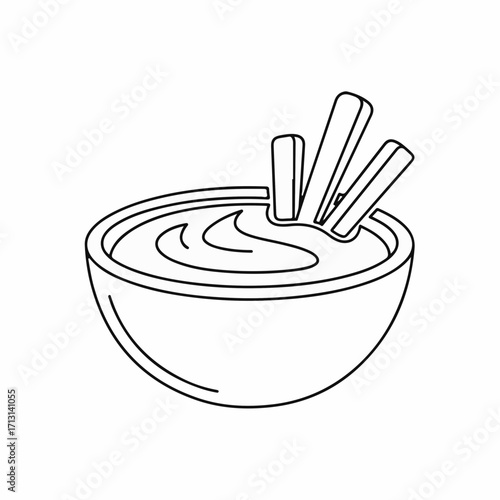 Simple dip illustration with appetizer snacks and creamy dip displayed in minimalist black and white. This dip illustration shows food in bowl, emphasizing clean lines, and modern simplicity.