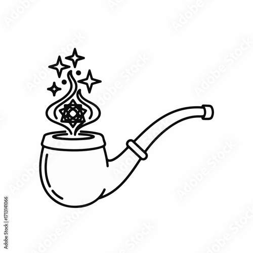 Magical smoking pipe emits flames with stars on white. This Smoking pipe has flames and stars that appear magical, creating a fantastical effect.