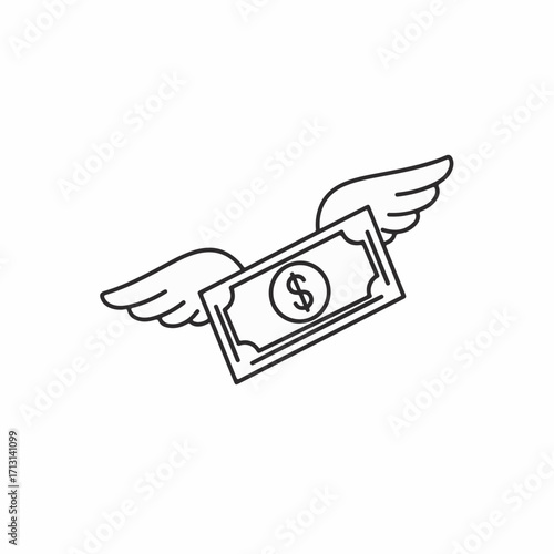 Flying money is shown, depicted as banknote with wings on clear white background. Flying money, symbol of unexpected expenses. Flying money symbolizes financial loss and quick spending.