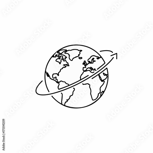 Global journey line art showing Earth with an arrow circling, symbol of travel, tourism or worldwide delivery. Global journey symbolizes international business, transport, or cargo shipments.