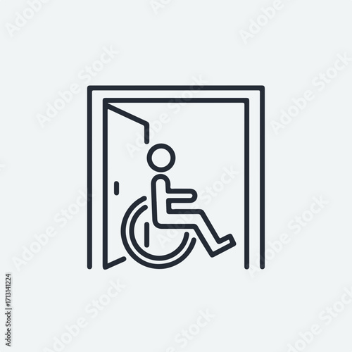 Accessibility icon showing wheelchair access into building, with an illustration of an open doorway. Accessibility icon in a doorframe represents access, inclusion, and equal opportunity.