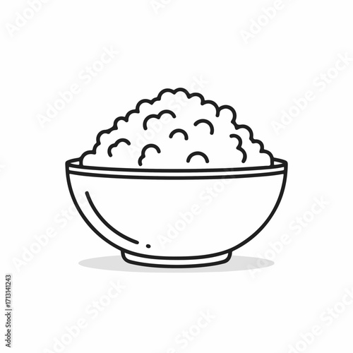Rice bowl illustration with simple line drawing of cooked rice in white ceramic bowl. Rice bowl ready to be served as part of healthy meal, a simple and minimalistic drawing.