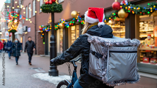 Courier wearing a Santa Claus hat rides a bicycle carrying a delivery backpack against a backdrop of a city street decorated with Christmas decorations